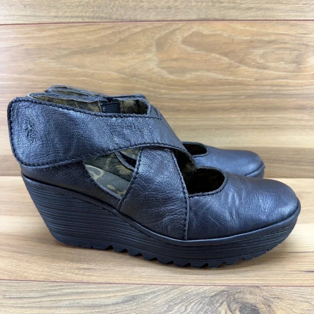 FLY LONDON Yogo Crossover Wedge Pumps 9 EU 39 Dark Pewter Walking Comfort